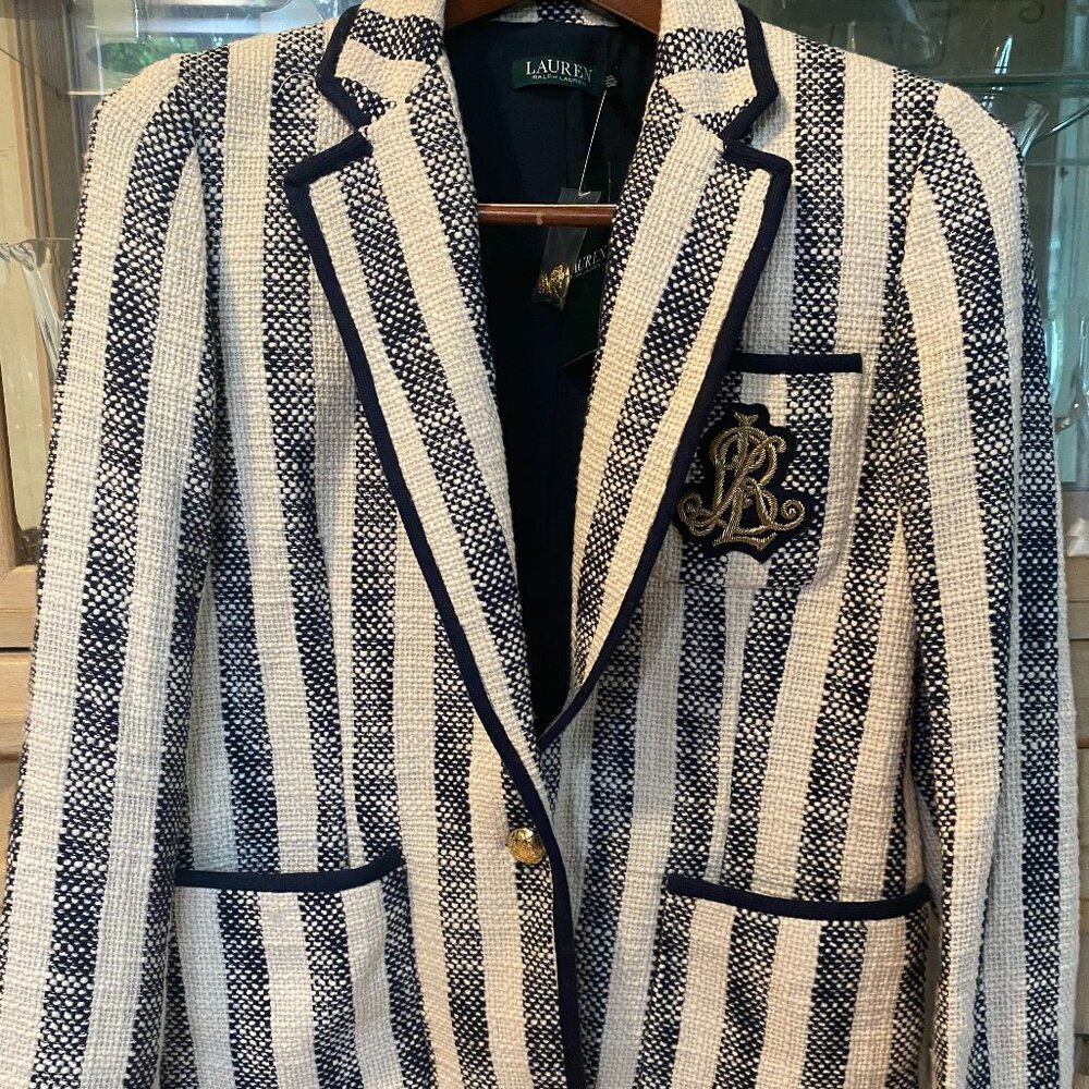 NWT Ralph Lauren Textured Navy & White Stripe Blazer with Crest